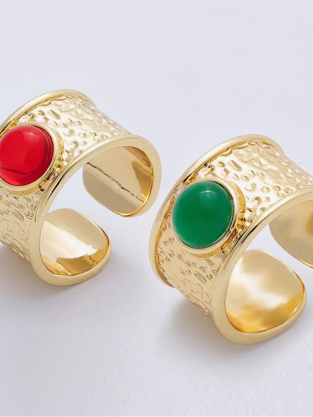 16K Gold Filled Red, Green Cabochon Gemstone Hammered Wide Band Ring